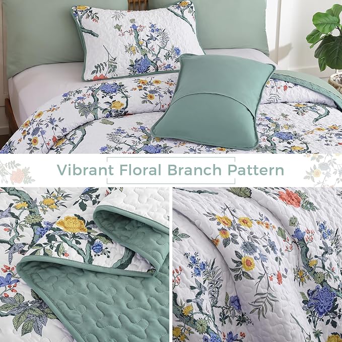 WONGS BEDDING Floral Quilt Set Queen, 3 Pcs Blue Green Bedspreads Coverlets | Spring Summer Floral Farmhouse Bedspread with 2 Shams,Soft Microfiber Lightweight Coverlet for All Season 96"×90"