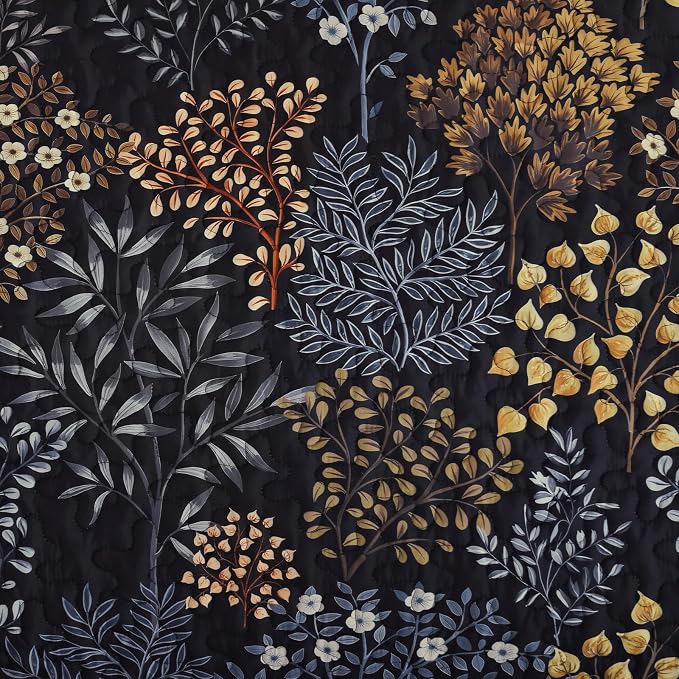 WONGS BEDDING Queen Quilt Set, 3 Pcs Black Brown Floral Bedspread Coverlet | Soft Lightweight Farmhouse Quilt Bedding Set for Bed, Microfiber Floral Quilted Bed Cover for Guest Room 96"×90"