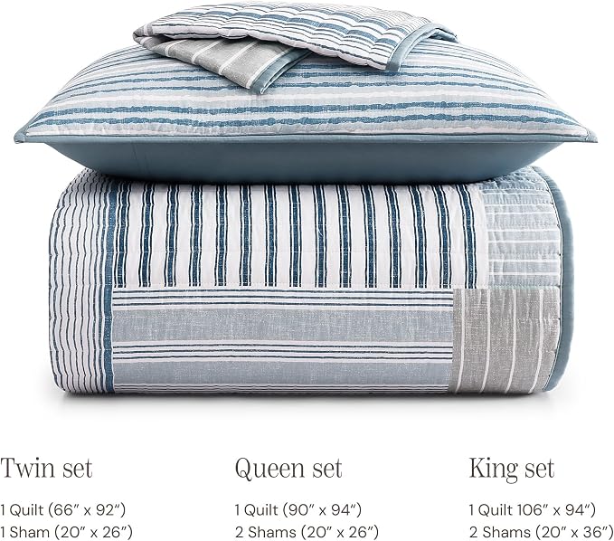 King Quilt Set-3 Pieces Soft Bedding Lightweight Floral Patchwork Coverlet | All Seasons Quilts Queen Size for Bed, 1 Quilt (106" x 94") and 2 Shams (20" x 36"), Vintage Bedspread, Blue Stripe