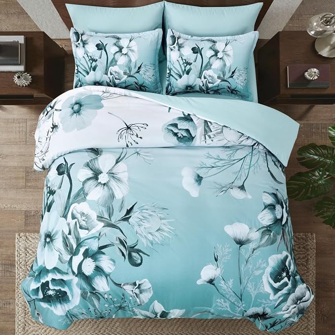 Floral Comforter Set Twin Size 7 Piece, Aqua Flower Bed in a Bag, Elegant Gradient Floral Comforter with Sheet Set, Soft Seersucker Microfiber Bedding Set for All Season (Aqua, 68"x86")