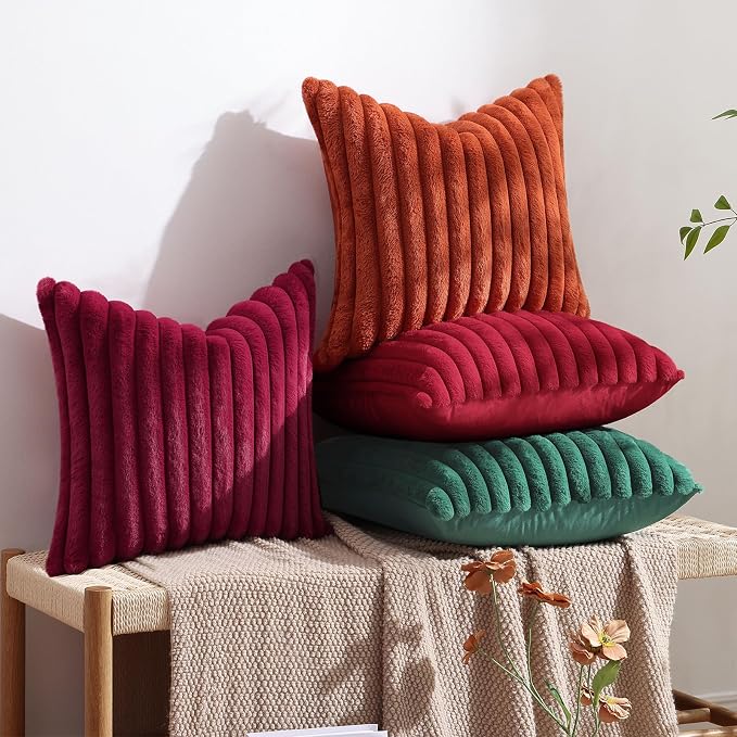 decorUhome Fall Faux Fur Throw Pillow Covers 18x18 Set of 2 Christmas Green | Decorative Soft Cozy Striped Plush Modern Farmhouse Boho Couch Pillow Cases Velvet Back for Sofa Bed Living Room Home Decor