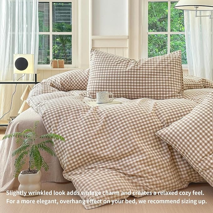 LifeTB Tan Gingham Comforter Set Twin XL Modern Style Beige Plaid Comforter Set 3 Pieces Soft Fluffy Grid Checkered Pattern Comforter with 2 Pillowcases Farmhouse Gingham Bedding Set Twin XL