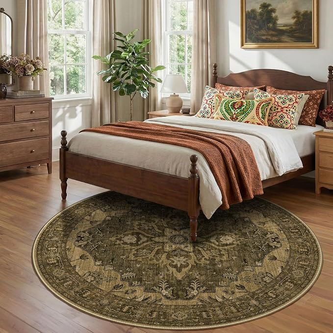 RELEANY Washable Area Rug, Round 8ft, Brown/Dark Brown | Non-Slip, Water Repellent, Pet Friendly, Easy to Clean, Vintage Floral Boho Decor for Living Room Bedroom Dining Room
