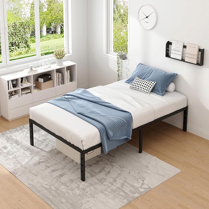 NEW JETO Metal Bed Frame,Twin Size Bed Frame with Storage Space,14 Inch | Heavy Duty Sturdy Mattress Foundation,Easy Assembly,No Box Spring Needed, Black