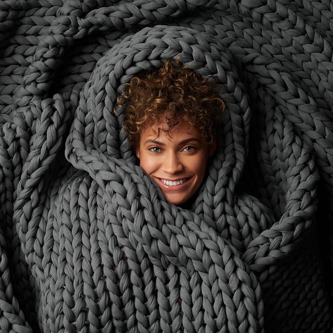 Cotton Hand-Knit Weighted Blankets for Adults - Chunky Knit Blanket - Sustainable, Breathable, Organic, Cooling Weighted Blanket - Machine Washable (Asteroid Grey, 15 lbs, 40"x72")