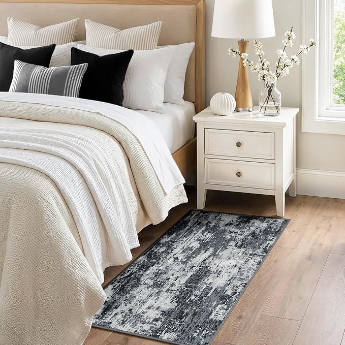 RELEANY Washable 2'x5' Abstract Area Rug for Living Room Black White | Carpet for Bedroom, Kitchen, Office, Hallway and Entryway, Printed Pattern, Non‑Slip, Soft, Stain‑Resistant, Easy to Clean