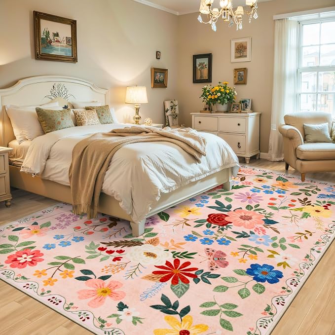 PLHXFR 6x9 Area Rug Living Room: Floral Washable Boho Soft Carpet Beige | For Bedroom Dining Room Farmhouse Nursery Hallway,Vintage Floral,Machine washable,Non Slip,Stain Resistant,Large Indoor