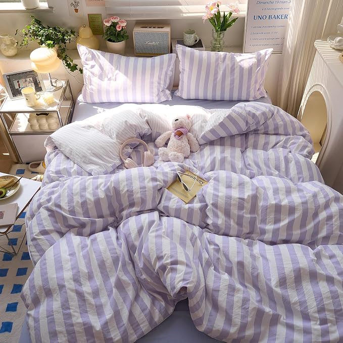 LifeTB Striped Comforter Set Queen, Vintage Purple White Stripes Pattern Printed Bedding Set, Lightweight Soft Striped Bed Comforter with 2 Pillowcases, Farmhouse 3 Piece Comforter Set for All Season