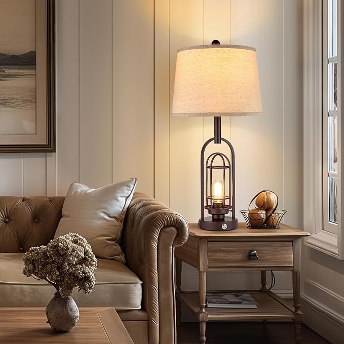 Living Room Lamps Set of 2, Farmhouse Table Lamps with USB A+C Charging Ports, Touch Lamps for Bedrooms with Oil Rubbed Bronze Finish, 4 Bulbs Included