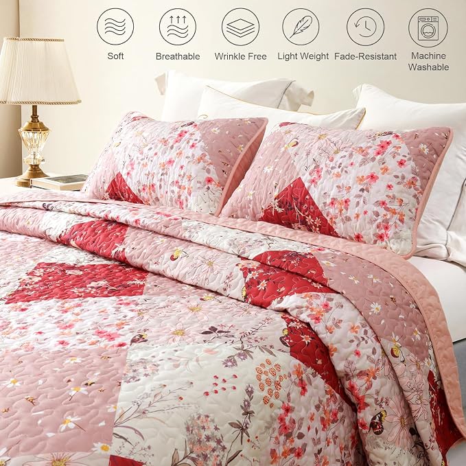 Whale Flotilla Patchwork Quilts Queen Size, Extra Soft Floral Bedspreads | Red Reversible Lightweight Full Queen Quilt Bedding Set for Bed, Printed Coverlets with 2 Pillow Shams for All Seasons
