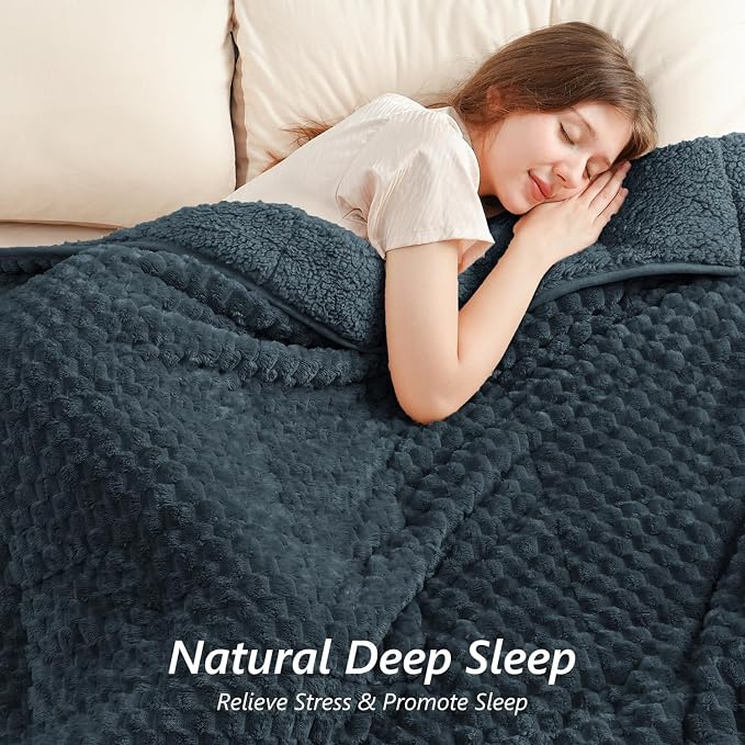 Mr. Sandman Weighted Blankets for Adults, Queen Size 60 x 80 Inches, 20lbs | Machine Washable; Soft Warm Sherpa Fleece; Jacquard Flannel with Glass Beads; Heavy Throw for Sleep and Calm; Midnight Blue