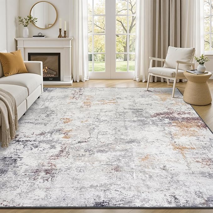 Rugflix 9x12 Area Rugs for Living Room, Washable Beige Grey Large Rug | Machine Washable; Stain-Resistant; Low Pile; Non-Slip; Modern Abstract; Carpet for Bedroom Dining Office Nursery Home