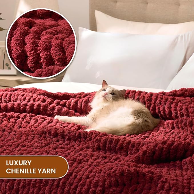 L'AGRATY Chunky Knit Throw Blanket for Couch, 50 x 60 Inches, Maroon Red | Handmade Chenille Crochet Blanket for Sofa Bed, Thick Cable Knitted Blankets for Room Home Decor, Birthday Gift for Women Mom