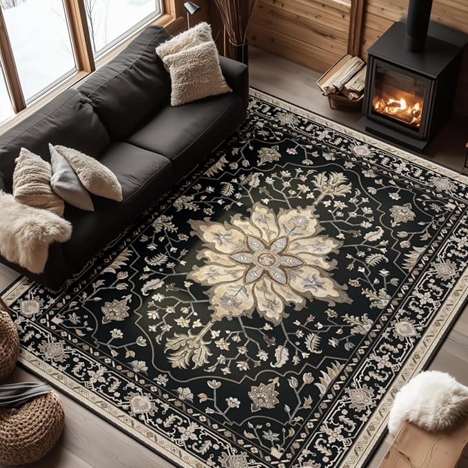 RELEANY Washable Area Rug, 7'x9', Black/Neutral | Non-Slip, Water Repellent, Pet Friendly, Easy to Clean, Vintage Floral Boho Decor for Living Room Bedroom Dining Room Office