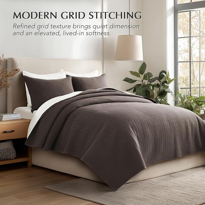 EverGrace 100% Cotton Modern Grid Stitch Quilt Set, Queen Size, Dark Brown | Pre-Washed Cotton Coverlet Bedspread, Oversized Lightweight 3-Piece Bedding Set for All Season, with 2 Pillow Shams