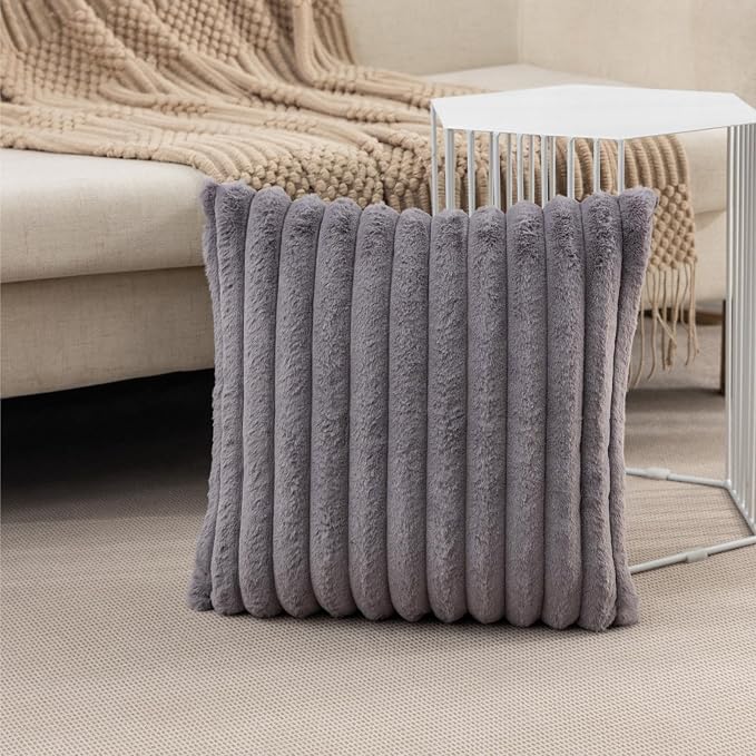 ZLINA Dark Grey Striped Faux Fur Throw Pillow Covers 18 x 18 Inch | 2‑Pack, boho striped pillow covers,velvet back,fuzzy plush cushion covers , for sofa bed livingroom home decor