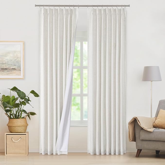 WEST LAKE Natural Linen Blend Bailey Pinch Pleated Blackout Curtains with Liners 90 Inches Long,Netural Farmhouse Thermal Insulating Drape,Back Tab Window Treatment for Bedroom Living Room,40"Wx90"Lx2 | Netural Farmhouse Thermal Insulating Drape,Back T...