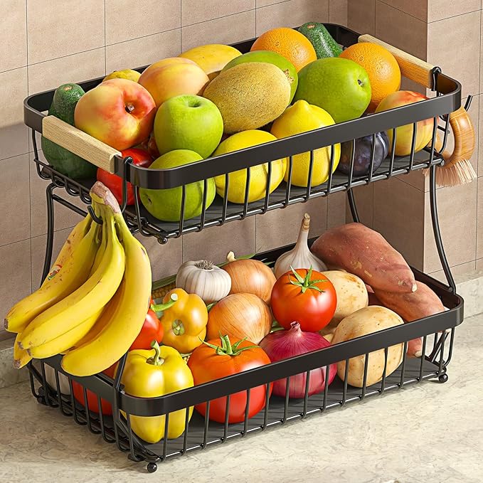 Sevenblue 2-Tier Fruit Basket with Banana Hangers, Detachable Metal Bowl | Wooden handle, protective mats included. Versatile holder for bread, snacks, and veggies. Large 2 tier metal design.