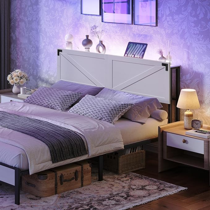 MAHANCRIS Queen Headboard with Charging Station, LED Light and Storage | Farmhouse Wooden Bed Head with Bed Frame Adapter LED Adjustable Brightness and Color Modes Easy Assembly White