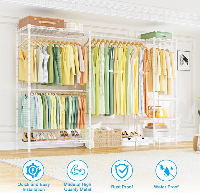 E10 Clothes Rack（With Stretchable Hanger Rod）Freestanding Clothing Racks for Hanging Clothes，Adjustable Closet Organizer System，Portable Garment Rack 73-97"W x 15" D x 72" H，Max Load 800LBS，White
