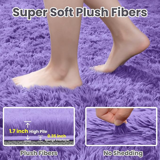 6x9 Fluffy Shag Area Rugs for Living Room Bedroom: Soft Plush Carpet Purple | Upgraded Non-Slip Thick Memory Foam, Ultra Soft, Non-Shedding Fuzzy Carpet, Easy Clean Decor for Kids Room, Nursery, Playroom