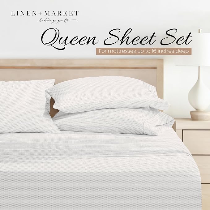 Linen Market Double-Brushed Patterned Microfiber Queen Sheet Set 4 Piece – Oeko-TEX Certified Ultra Soft & Wrinkle-Free - 16" Deep Pocket Sheets - Easy Care Queen Size - Stippled Light Gray