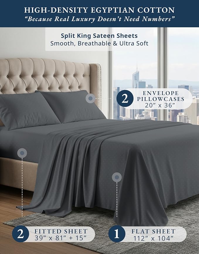 LANE LINEN 100% Egyptian Cotton Split King Sheets Sateen Weave - Charcoal | Split King Sheets Sets For Adjustable Bed - 5-Piece Set, For A Luxurious Night's Sleep, For A Silky Hotel-Style Bed