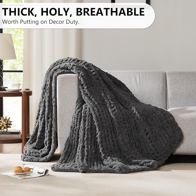 L'AGRATY Chunky Knit Throw Blanket for Couch, 80 x 90 Inches, Dark Grey | Handmade Chenille Crochet Blanket for Sofa Bed, Thick Cable Knitted Blankets for Room Home Decor, Birthday Gift for Women Mom