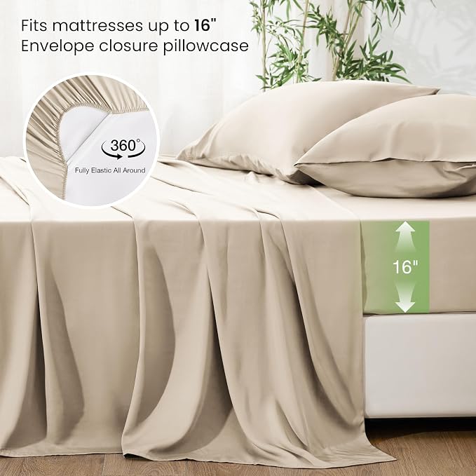 Love's cabin 3 Piece Twin Sheet Set, 100% Rayon Derived from Bamboo, Cooling & Breathable, Soft Silky Deep Pocket up to 16", Hotel Luxury Bedding for Hot Sleepers, Dark Beige