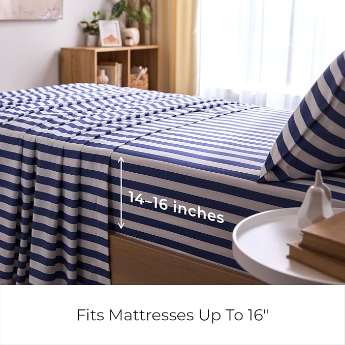 Mellanni Iconic 3-PC, Ultra Soft Sheet Set (Twin, Oxford Stripe Blue Nova) | 10M+ Sleepers. Lab-tested: Sleeps Cool, Stays Bright, Strong, Smooth. Good Housekeeping Best Bedding, 7 yrs running.