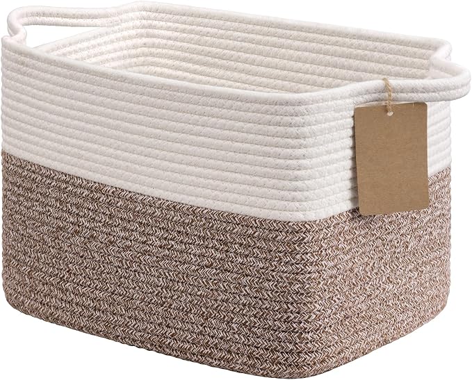 Goodpick Woven Rope Storage Basket for Shelves, Rectangle, Brown | 13" × 10" × 9" Stylish Gift Basket for Bedroom & Living Room Organization, Cotton Rope Baskets for Toys & Towels Storage