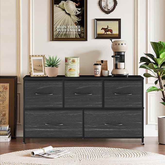 5-Drawer Dresser for Bedroom, Anti-Tip Wide Storage Organizer Fabric | Chest of Drawers TV Stand for 45" TV with Wooden Top Metal Frame for Closet, Living Room, Hallway, Entryway, Charcoal Black