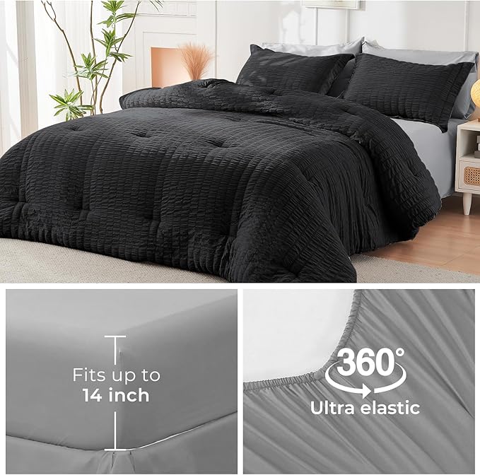 HYMOKEGE Black/Light Grey Oversized King Comforter Set Seersucker 7 Pieces, All Season Luxury Bed in a Bag for Bedroom, Bedding Set with Comforter, Sheets, Pillowcases & Shams