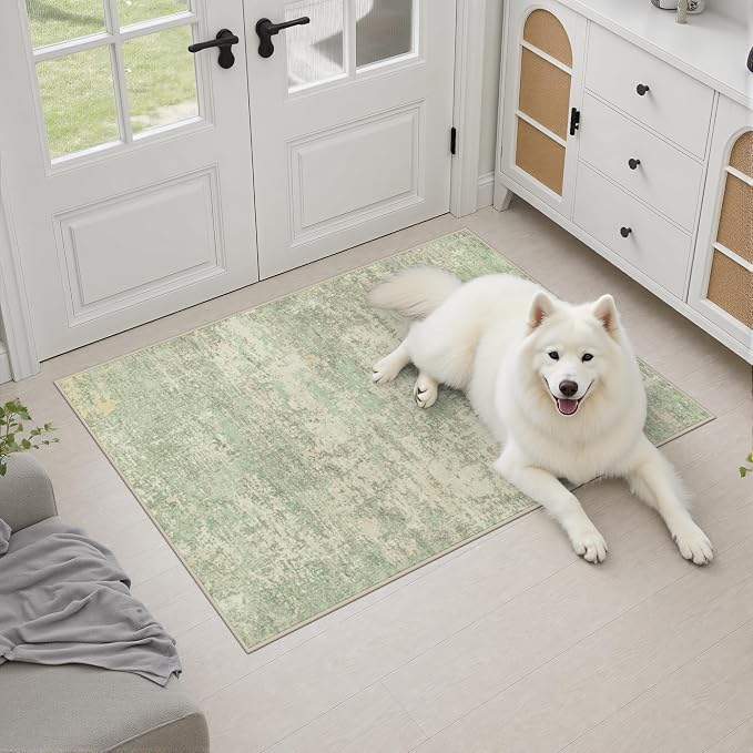 2x3 Washable Entryway Rug: Modern Abstract Soft Carpet Green Cream | For Entrance, Bedroom, Kitchen, Laundry, Bathroom,Door Mat,Modern Abstract,Machine washable,Non-Slip,Stain Resistant,Indoor