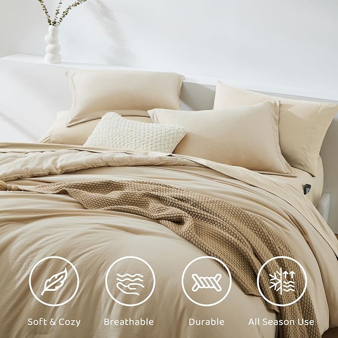 Full Size Comforter Sets-7 Pieces Ultra Soft Bed in a Bag Full Bedding Sets | Prewashed All Season Comforter with Sheets, Pillow Shams & Pillowcases,Beige