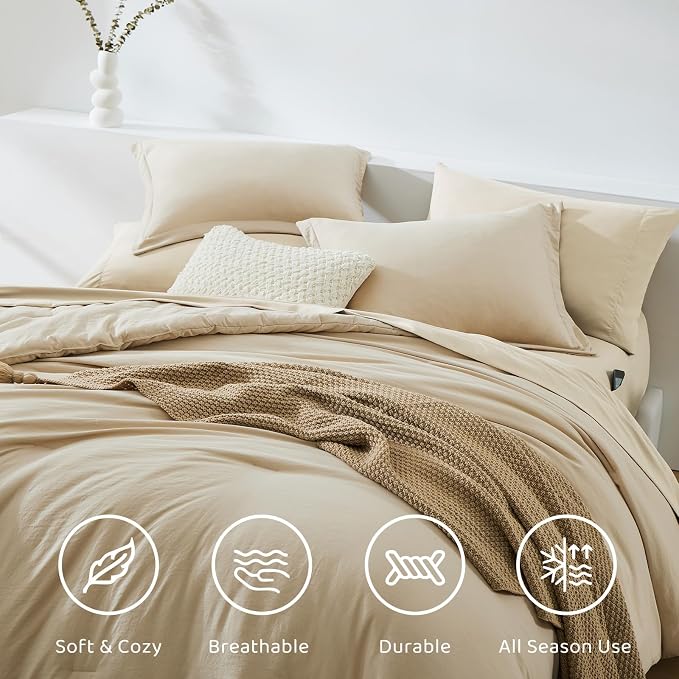 King Size Comforter Set- 7 Pieces Prewashed Bed in a Bag King Bedding Sets | Soft All Season Comforter with Sheets, Pillow Shams & Pillowcases, Beige