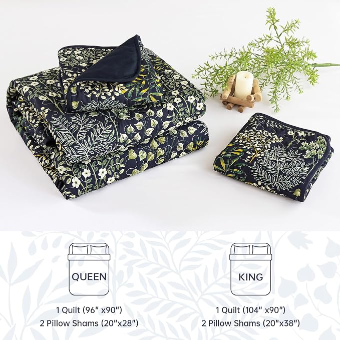 WONGS BEDDING Floral Quilt Set King, 3 Pcs Navy Blue Bedspread Coverlet | Botanical Print Quilt Set for Spring Summer, Lightweight Microfiber Farmhouse Quilted Bed Cover for Guest Room 110"×90"