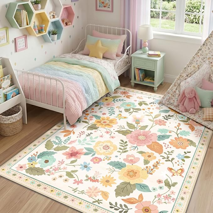 RELEANY Floral Washable 5x7 Area Rugs Beige/White/Orange | Flower Carpet, Print, Boho, Non-Slip, Easy to Clean, Soft, Low Pile for Living Room Bedroom Kitchen Office Entryway Hallway