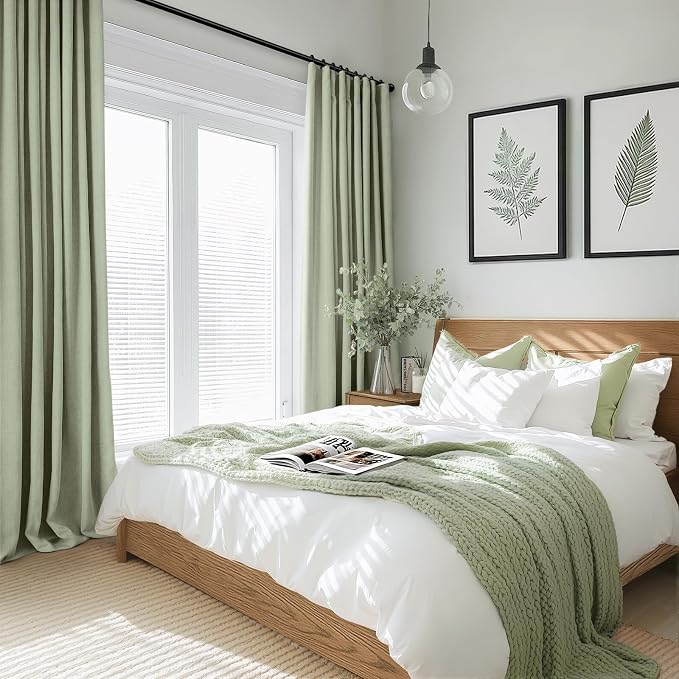 INOVADAY Sage Green Curtains 100% Blackout Curtains for Living Room 50X96 | Black Out Curtain 96 Inch Long for Bedroom 2 Panels, Clip Rings Linen Look Blackout Drapes, Thermal Insulated Room Darkening