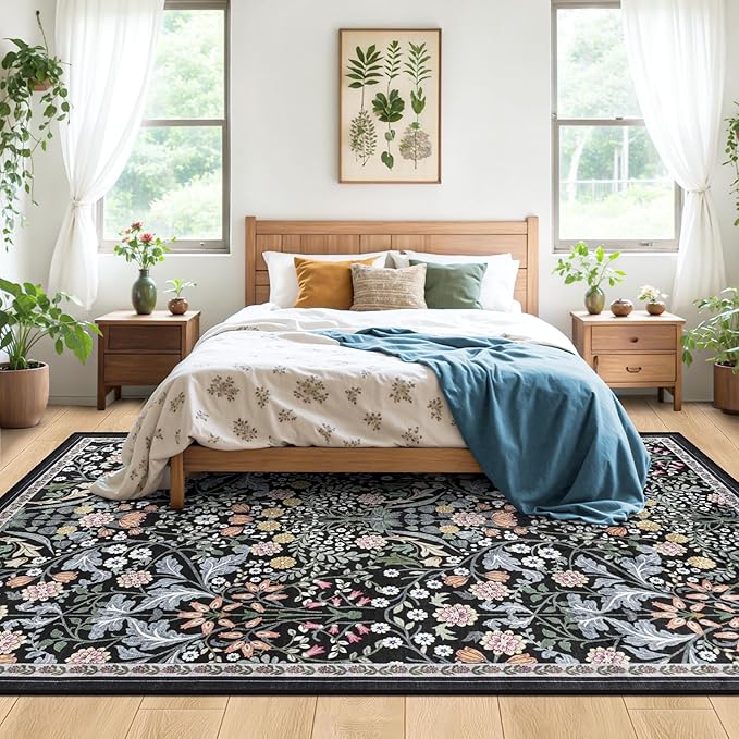 PLHXFR Area Rug Living Room: 5x7 Floral Washable Boho Carpet Dark Black | For Bedroom Dining Room Farmhouse Nursery Hallway,Vintage Floral,Machine washable,Non Slip,Stain Resistant,Large Indoor