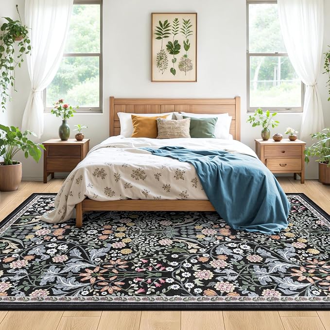 PLHXFR 6x9 Area Rug Living Room: Floral Washable Boho Carpet Dark Black | For Bedroom Dining Room Farmhouse Nursery Hallway,Vintage Floral,Machine washable,Non Slip,Stain Resistant,Large Indoor