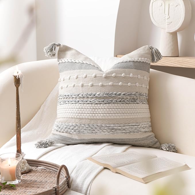 Gray Boho Decorative Throw Pillow Cover 18x18 Square Farmhouse Accent Cushion for Couch Sofa Livingroom Bedroom Pillowcase Modern Home Décor (Pack of 1)