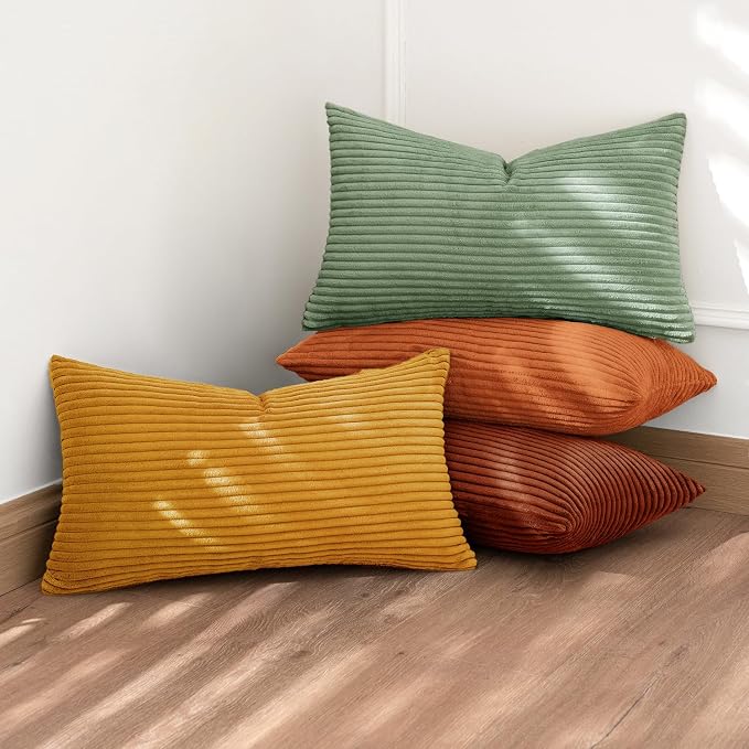 MIULEE Fall Decorative Lumbar Pillow Covers Yellow Rust Green 12x20 | Set of 4, Vintage Retro Fall Decor, Mix and Match Color Clash Design, Vibrant Throw Pillows for Sofa Couch Bed Living Room