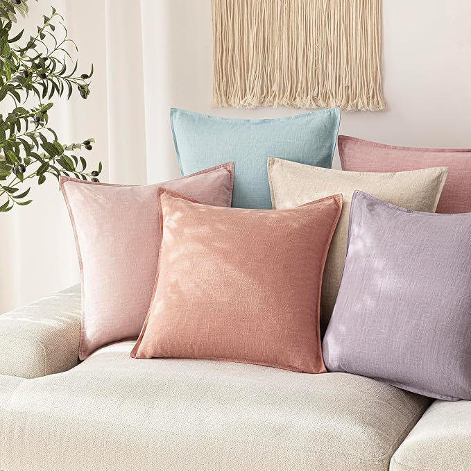 Foindtower Linen Solid Decorative Throw Pillow Covers 18x18 Inch Coral Pink | Pack of 2 Boho Farmhouse Neutral Pillowcase,Soft Euro Accent Cushion Covers,Home Decor for Bed Couch Sofa Bedroom Living Room