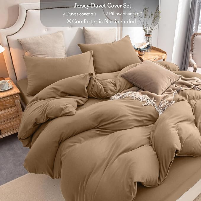 PURE ERA Jersey Knit Sheet Set Solid Toffee Brown Queen | 100% Cotton, 3 Piece Set, T Shirt Soft, Breathable, Envelope Closure Pillowcases, Hidden Zipper, 8 Ties, No Insert, Modern