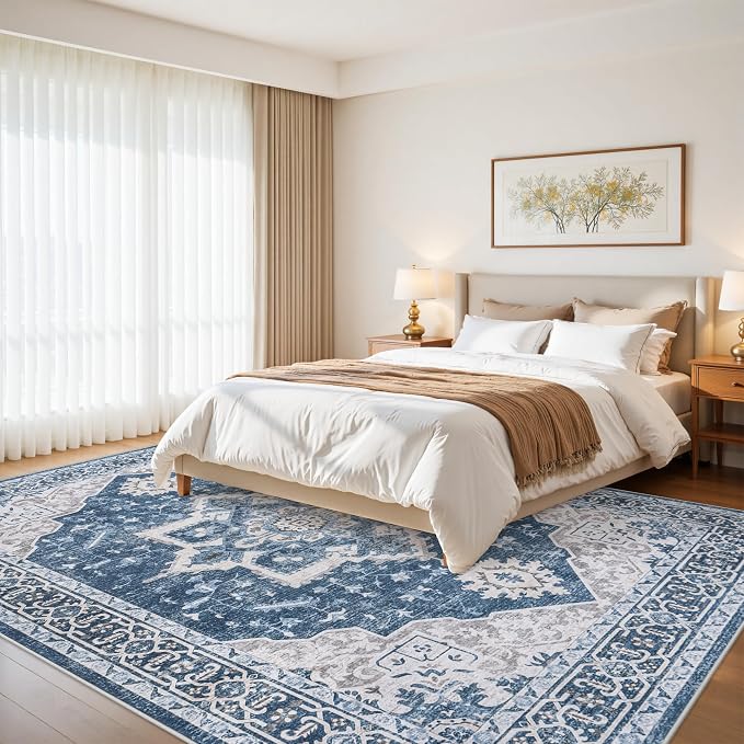 9x12 Washable Area Rugs for Living Room Blue Non-Slip Rug | Vintage Medallion Rug，Soft Low Pile Large Rugs，Indoor Retro Carpet for Bedroom Nursery Dining Table Farmhouse Home Office