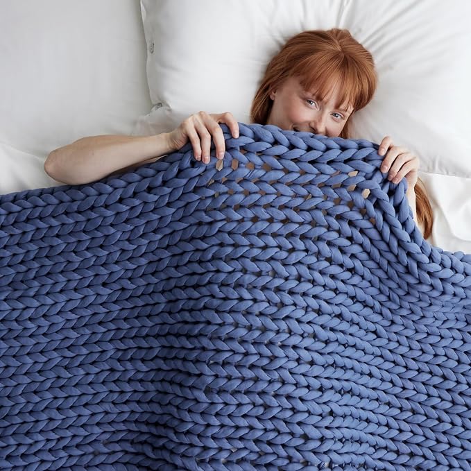 Cotton Hand-Knit Weighted Blankets for Adults - Chunky Knit Blanket | Sustainable, Breathable, Organic, Cooling Weighted Blanket - Machine Washable (Ocean Whisper, 20 lbs, 45"x72")