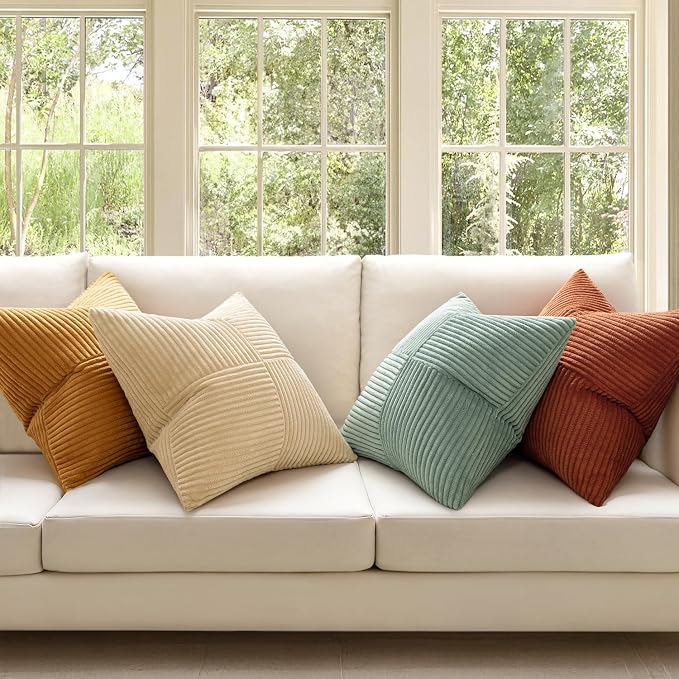 MIULEE Fall Teal-Orange Decorative Throw Pillow Covers 20x20 Inch Set of 4 Boho Corduroy Striped Cushion Cases Modern Farmhouse Patchwork Pillow Cases for Couch Sofa Bedroom Home Decor