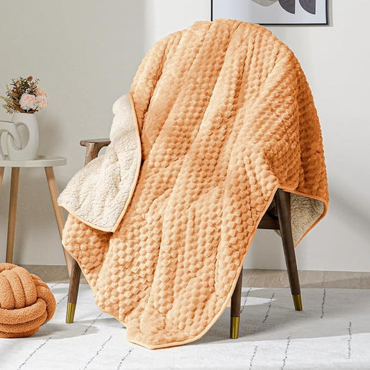 Fleece Weighted Blanket for Adults 60" x 80" 15lbs Soft Fuzzy Blankets | Dual Sided Queen Size Sherpa Weighted Blankets, 3D Cozy Jacquard Flannel Heavy Blanket for Couch and Bed, Orange-yellow