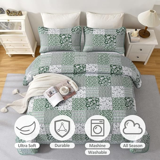 Mybedsoul Green Quilt Set Full Size, Patchwork Floral Bedding Set | Soft Lightweight Microfiber Coverlet Set, 3 Pieces Plaid Reversible Bedspread, Bed Sets for All Seasons 78"x90"